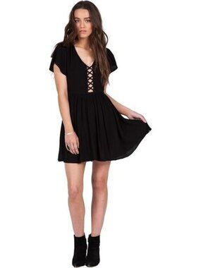 Volcom Black Mini Dress Lace Up V Neck Short Sleeve Casual Size Small